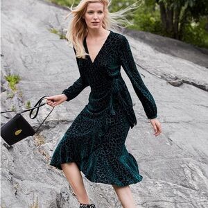 Calvin Klein Animal Print Green Velvet Burnout Dress